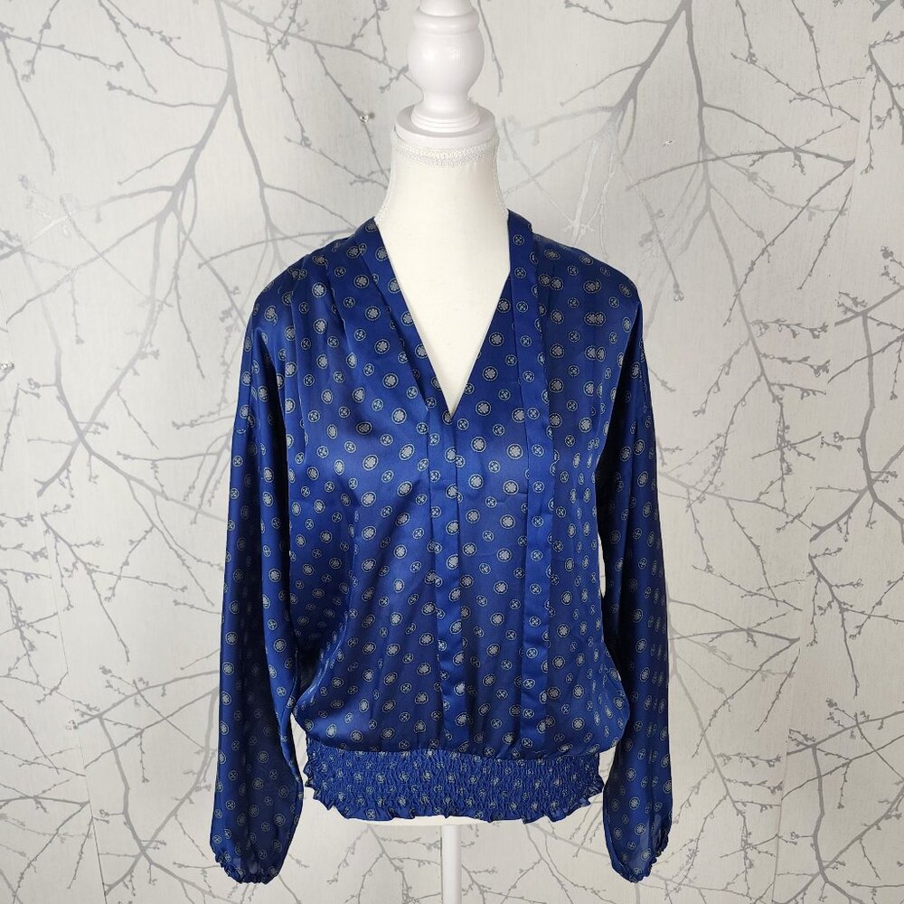 Michael Michael Kors Blue Artsy Geometric Print Tie Neck Blouse